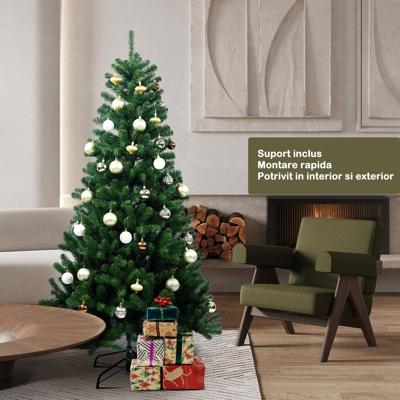 Brad de Craciun artificial cu suport inclus Flippy, 210 cm, 800 ramuri/varfuri, material plastic, suport clasic, fara iluminare, utilizat pentru interior/exterior, verde