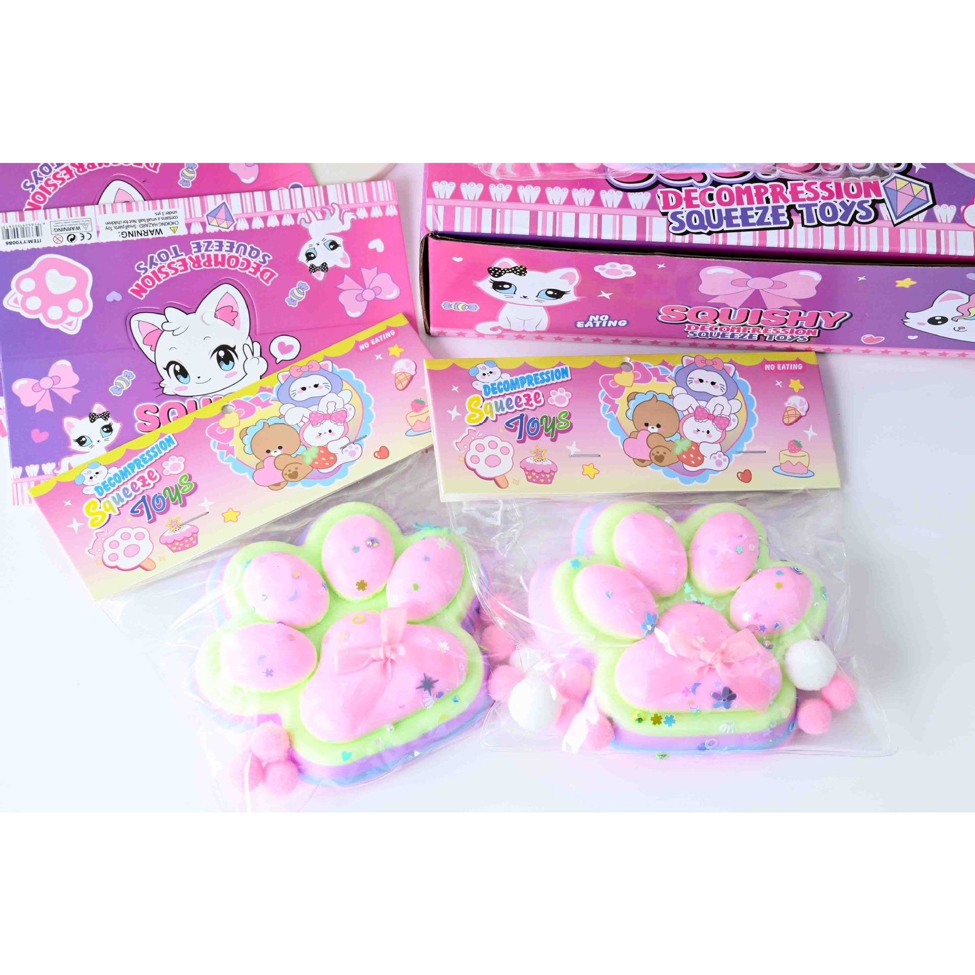 Jucarie Antistres Squishy, Flippy, cu Revenire Lenta, Model Labuta de Pisica YY1005, 220g, 12.5 x 10.5 cm, Squeeze Pinch Family, Ambalaj Transparent, Roz-Curcubeu