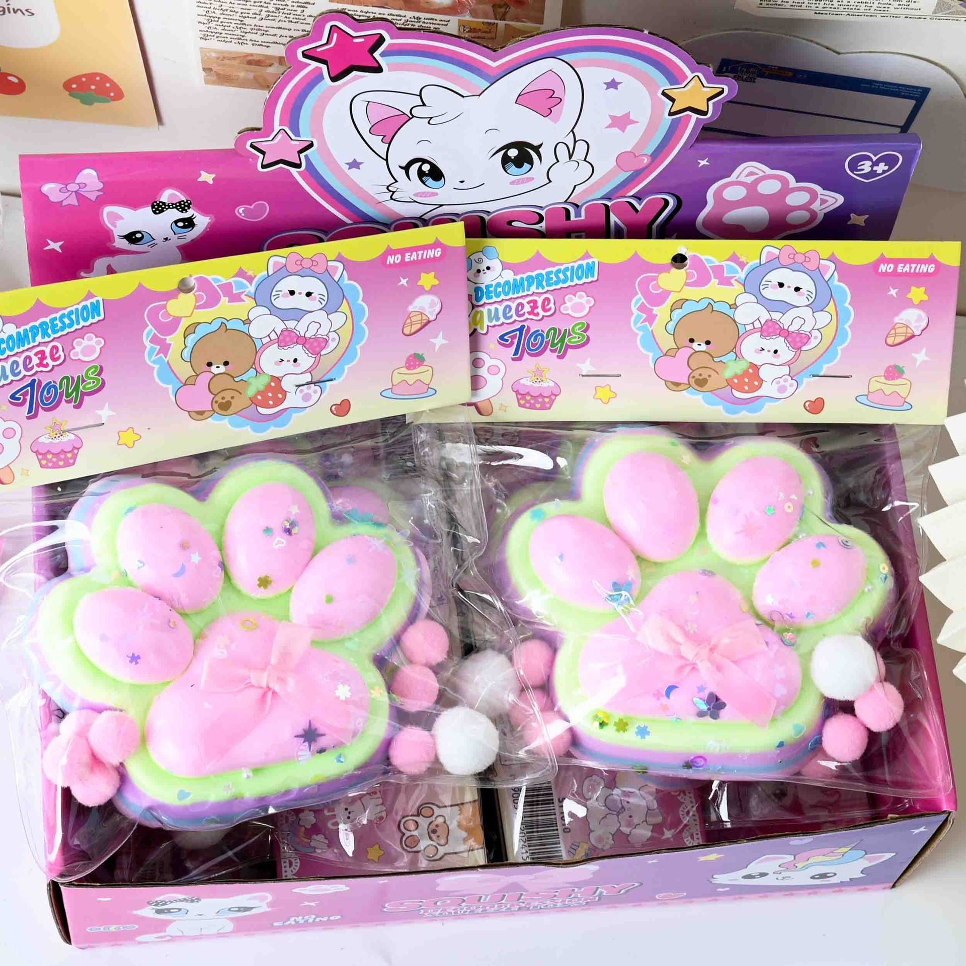 Jucarie Antistres Squishy, Flippy, cu Revenire Lenta, Model Labuta de Pisica YY1005, 220g, 12.5 x 10.5 cm, Squeeze Pinch Family, Ambalaj Transparent, Roz-Curcubeu