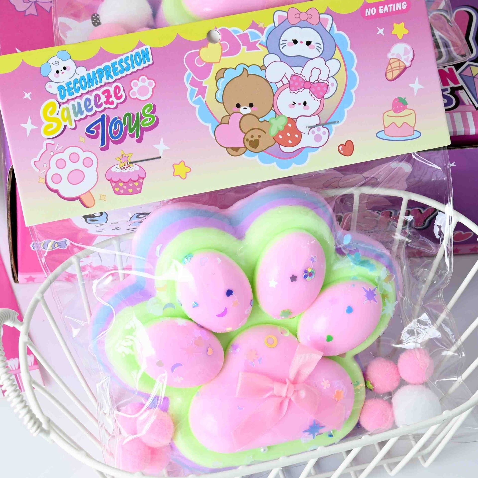 Jucarie Antistres Squishy, Flippy, cu Revenire Lenta, Model Labuta de Pisica YY1005, 220g, 12.5 x 10.5 cm, Squeeze Pinch Family, Ambalaj Transparent, Roz-Curcubeu