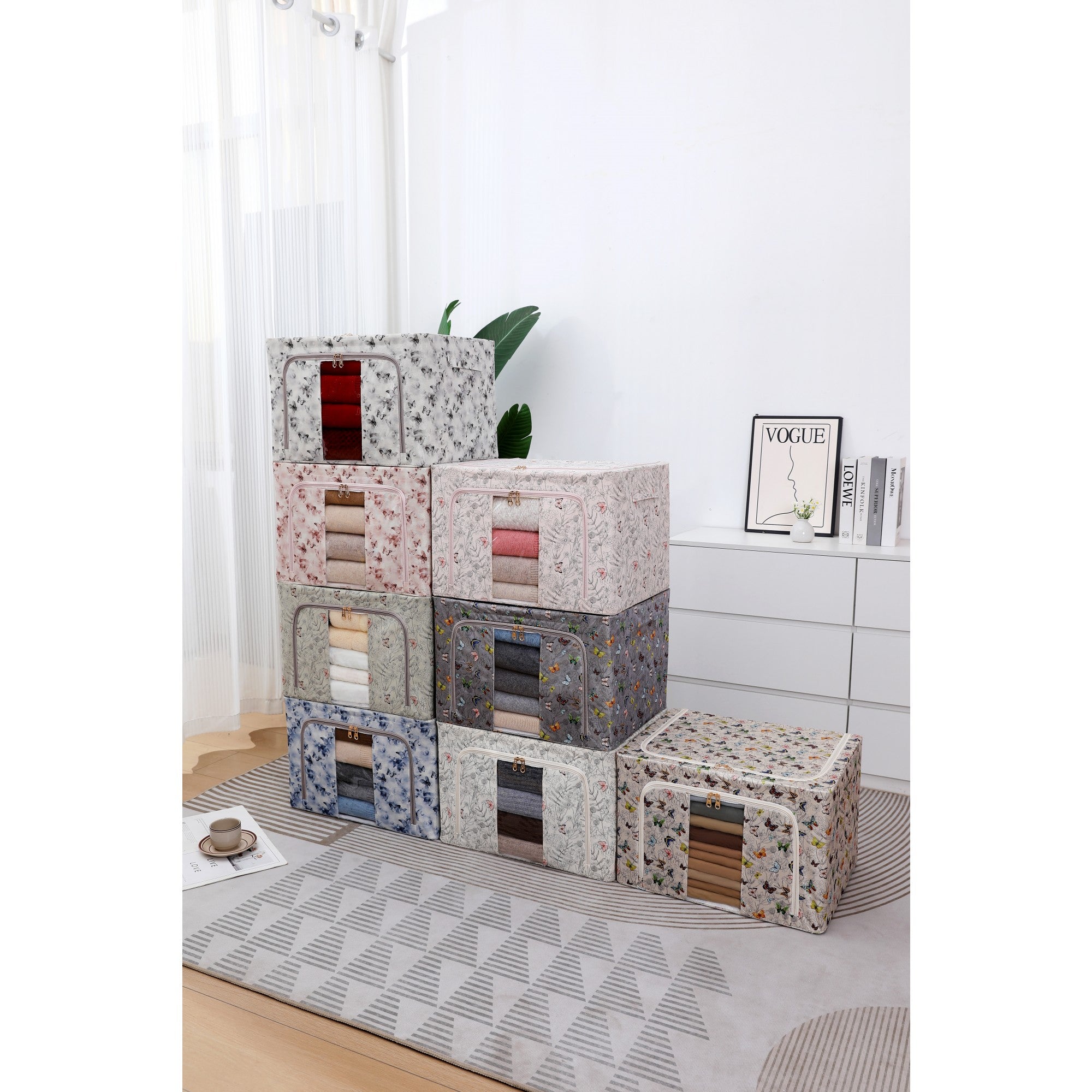Cutie Depozitare, Flippy, 66L, din Material Textil, 50 x 40 x 33 cm, pentru Haine si Lenjerii, Model Fluturasi, Roz