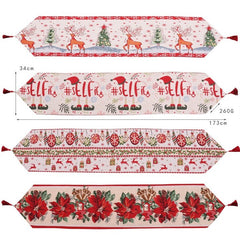 Traversa de Masa pentru Craciun, Flippy, Napron, din Material Tricotat cu Tesatura Groasa, Model Flori Rosii, cu Colt si Ciucure, 173x34x0.2 cm, Alb/ Rosu