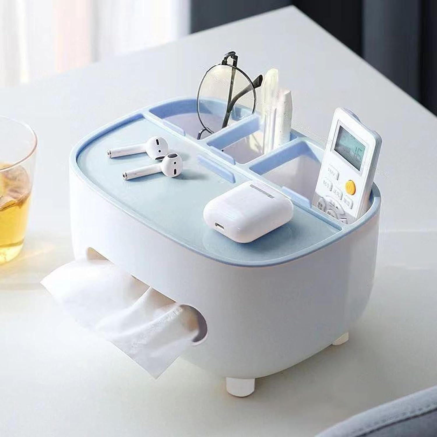 Suport pentru Servetele, Flippy, Cutie Multifunctionala, Design Minimalist, ABS, cu Suport pentru Obiectele Personale, pentru Birou, 21x12x12 cm, Albastru