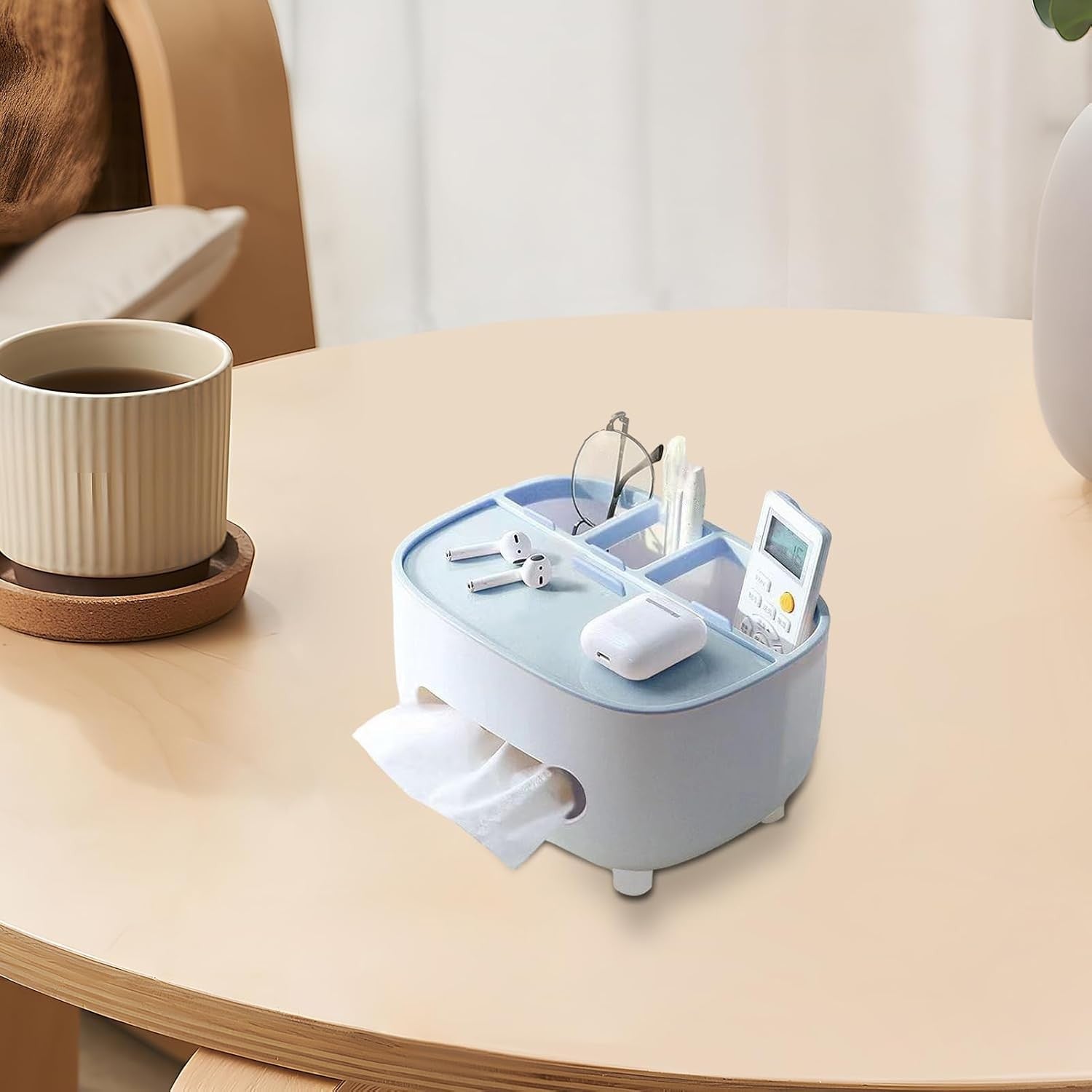 Suport pentru Servetele, Flippy, Cutie Multifunctionala, Design Minimalist, ABS, cu Suport pentru Obiectele Personale, pentru Birou, 21x12x12 cm, Albastru