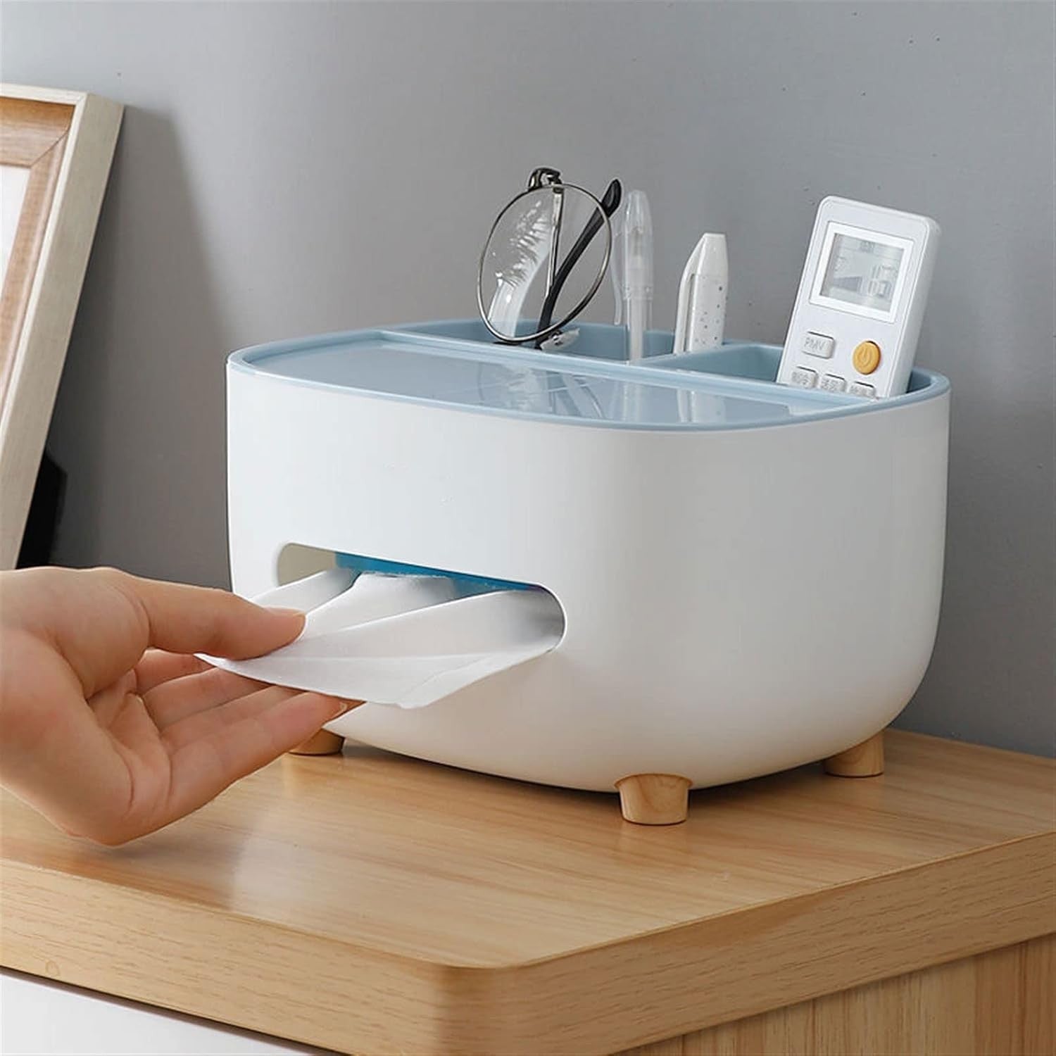 Suport pentru Servetele, Flippy, Cutie Multifunctionala, Design Minimalist, ABS, cu Suport pentru Obiectele Personale, pentru Birou, 21x12x12 cm, Albastru