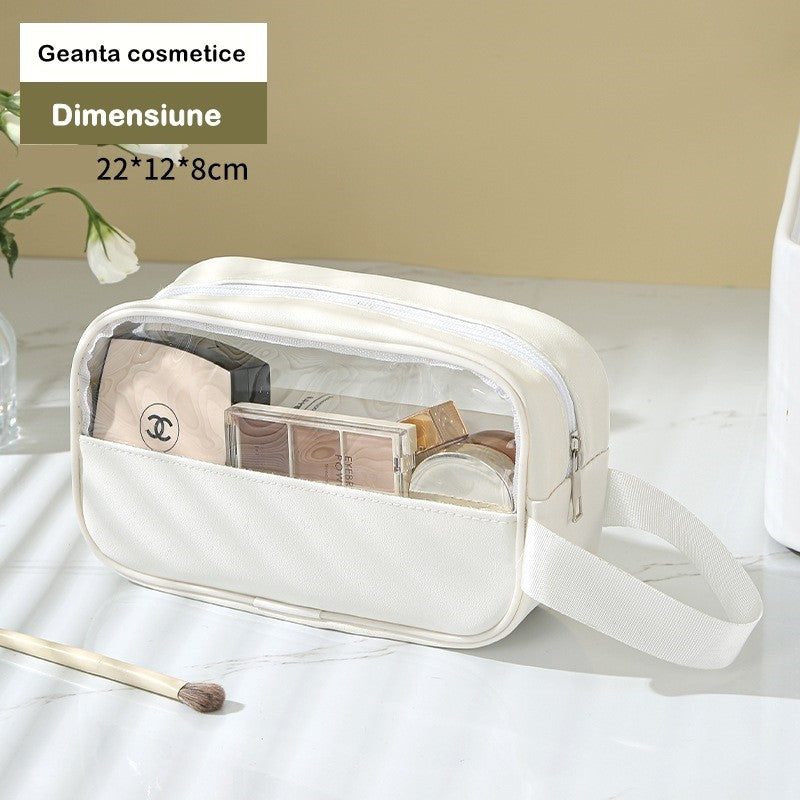 Geanta cosmetice Flippy, pentru voiaj sau organizare, material PVC/textil, impermeabila, portabila, 22 x 12 x 8 cm, alb