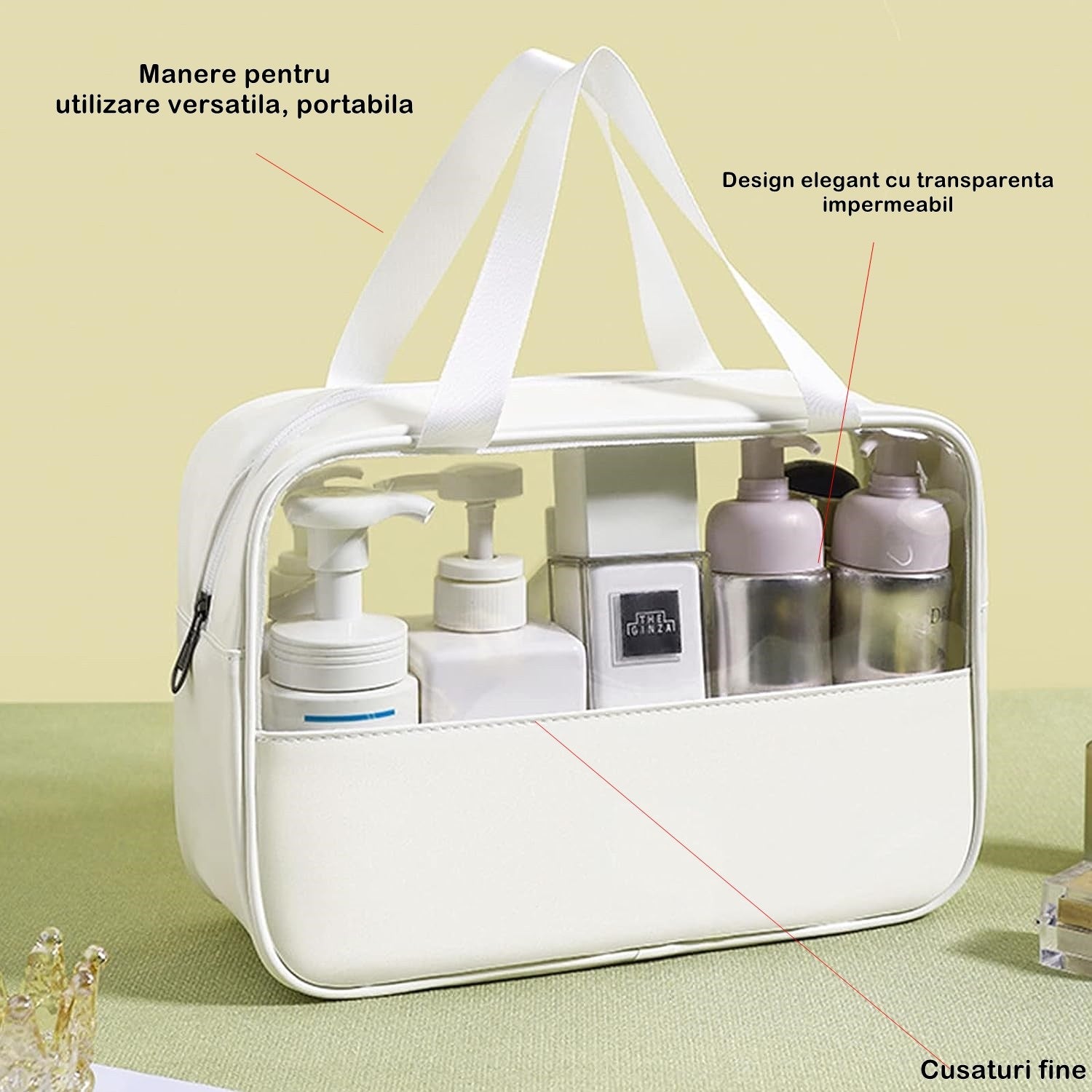 Geanta cosmetice Flippy, pentru voiaj sau organizare, material PVC/textil, impermeabila, portabila, 26 x 15 x 10 cm, alb