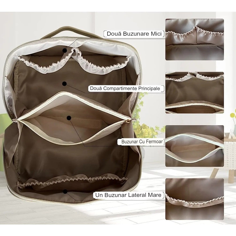 Geanta de Calatorie Flippy, Pentru Cosmetice, Portabila, Impermeabila, din Piele Ecologica, Compartimente Multiple, cu Fermoar, 23 x 11.5 x 10.5 cm, Crem