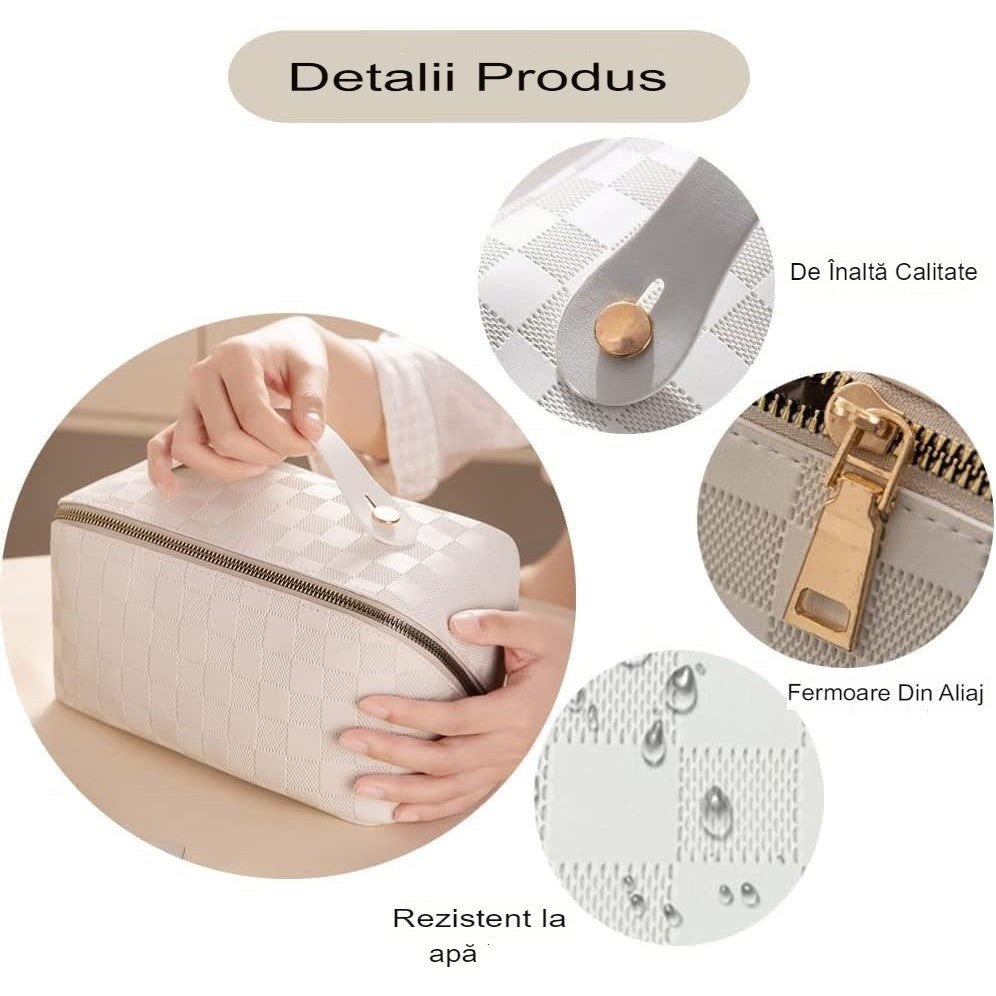 Geanta de Calatorie Flippy, Pentru Cosmetice, Portabila, Impermeabila, din Piele Ecologica, Compartimente Multiple, cu Fermoar, 22 x 13 x 12.5 cm, In Carouri, Alb