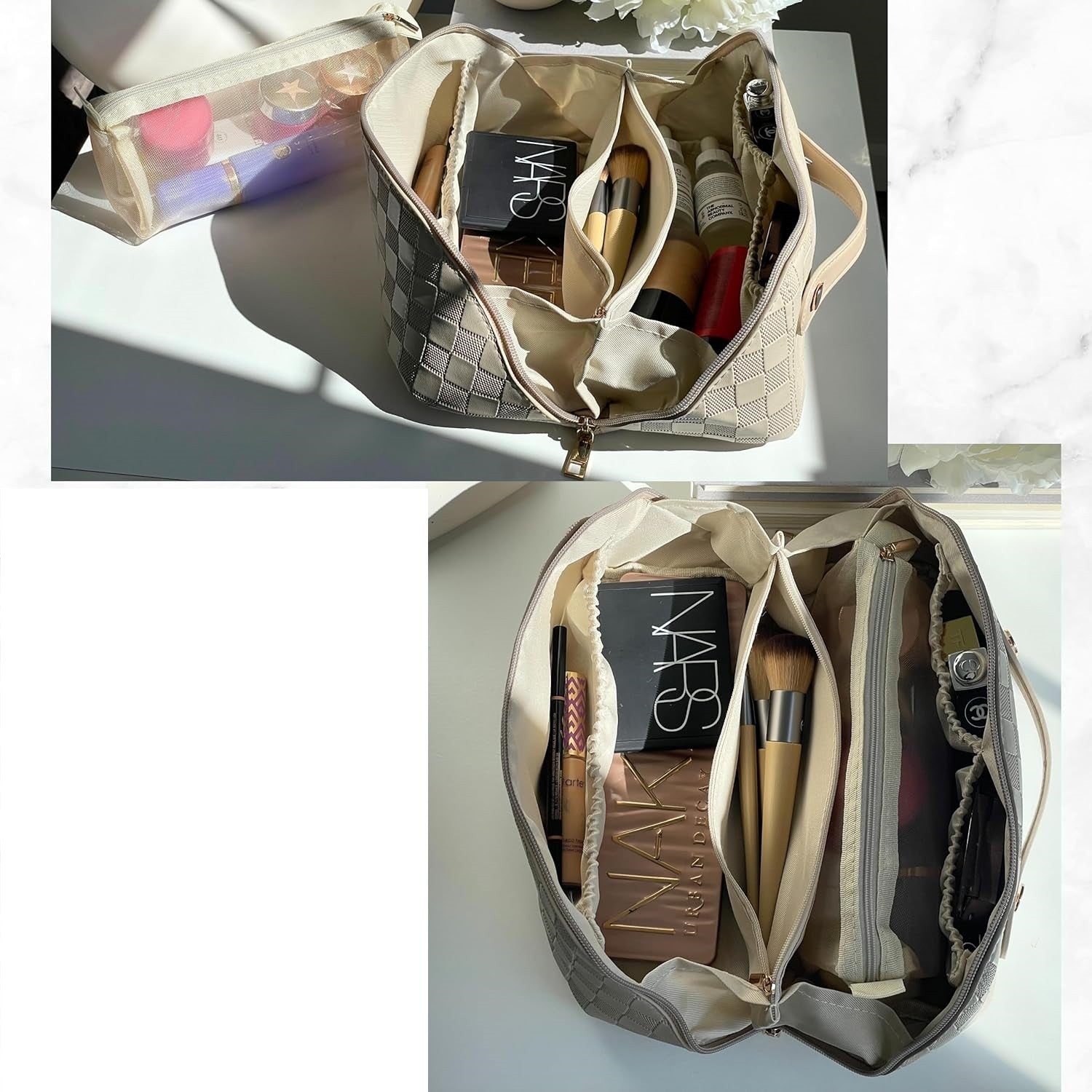 Geanta de Calatorie Flippy, Pentru Cosmetice, Portabila, Impermeabila, din Piele Ecologica, Compartimente Multiple, cu Fermoar, 22 x 13 x 12.5 cm, In Carouri, Alb