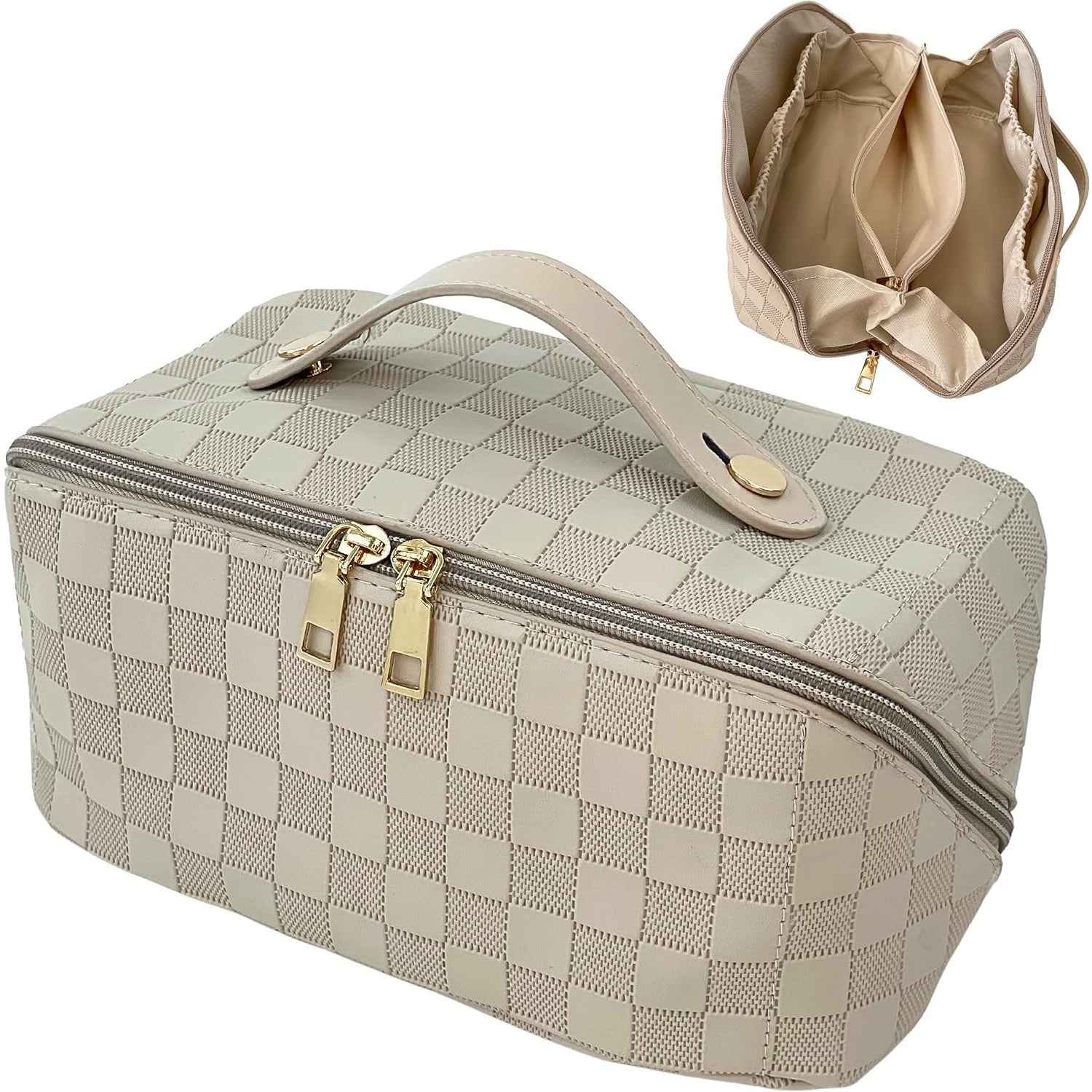 Geanta de Calatorie Flippy, Pentru Cosmetice, Portabila, Impermeabila, din Piele Ecologica, Compartimente Multiple, cu Fermoar, 22 x 13 x 12.5 cm, In Carouri, Alb