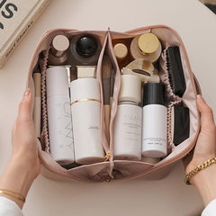 Geanta de Calatorie Flippy, Pentru Cosmetice, Portabila, Impermeabila, din Piele Ecologica, Compartimente Multiple, cu Fermoar, 23 x 11.5 x 10.5 cm, Roz