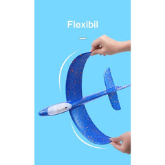 Avion planor din polistiren in punga , lungime 47 cm, cu lumini pe toata lungimea, Albastru , Flippy