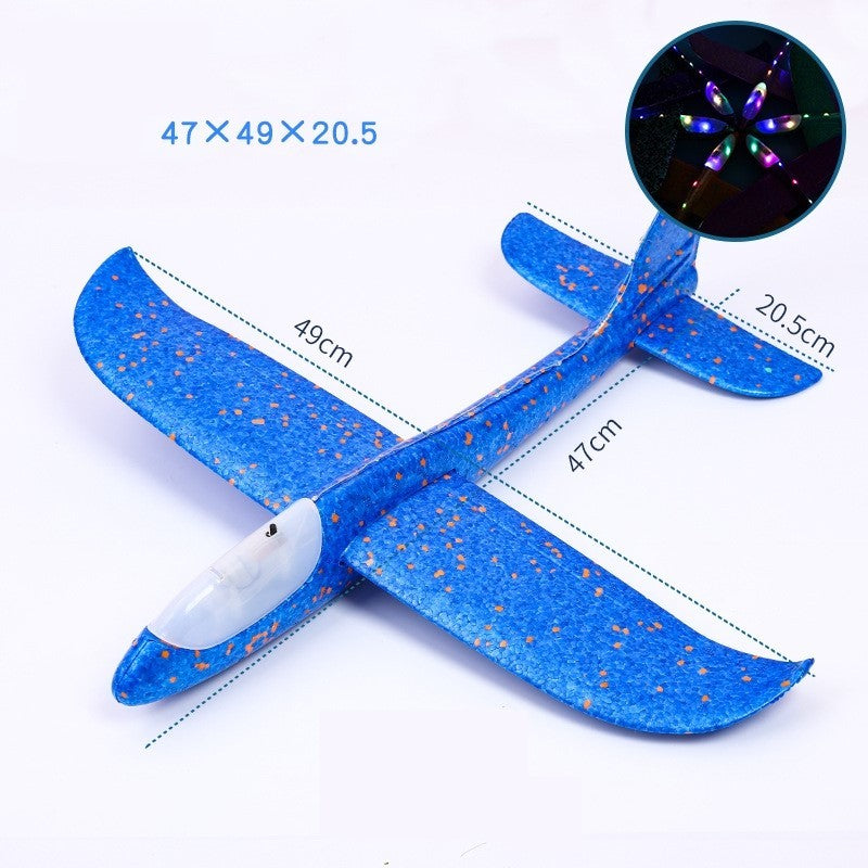 Avion planor din polistiren in punga , lungime 47 cm, cu lumini pe toata lungimea, Albastru , Flippy