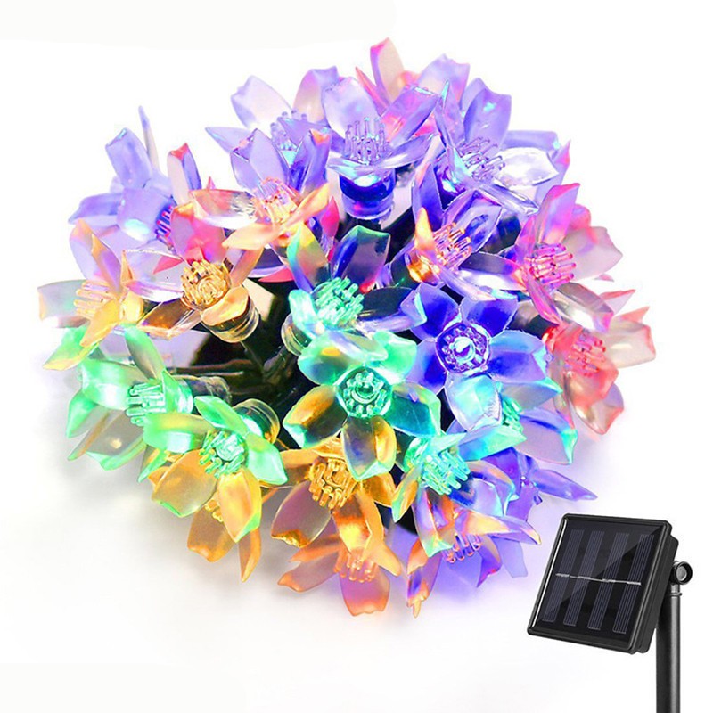 Instalatie Craciun, 6.5 metri, 30 Becuri LED tip Flori de cires, pentru exterior cu incarcare solara, Multicolor, Flippy