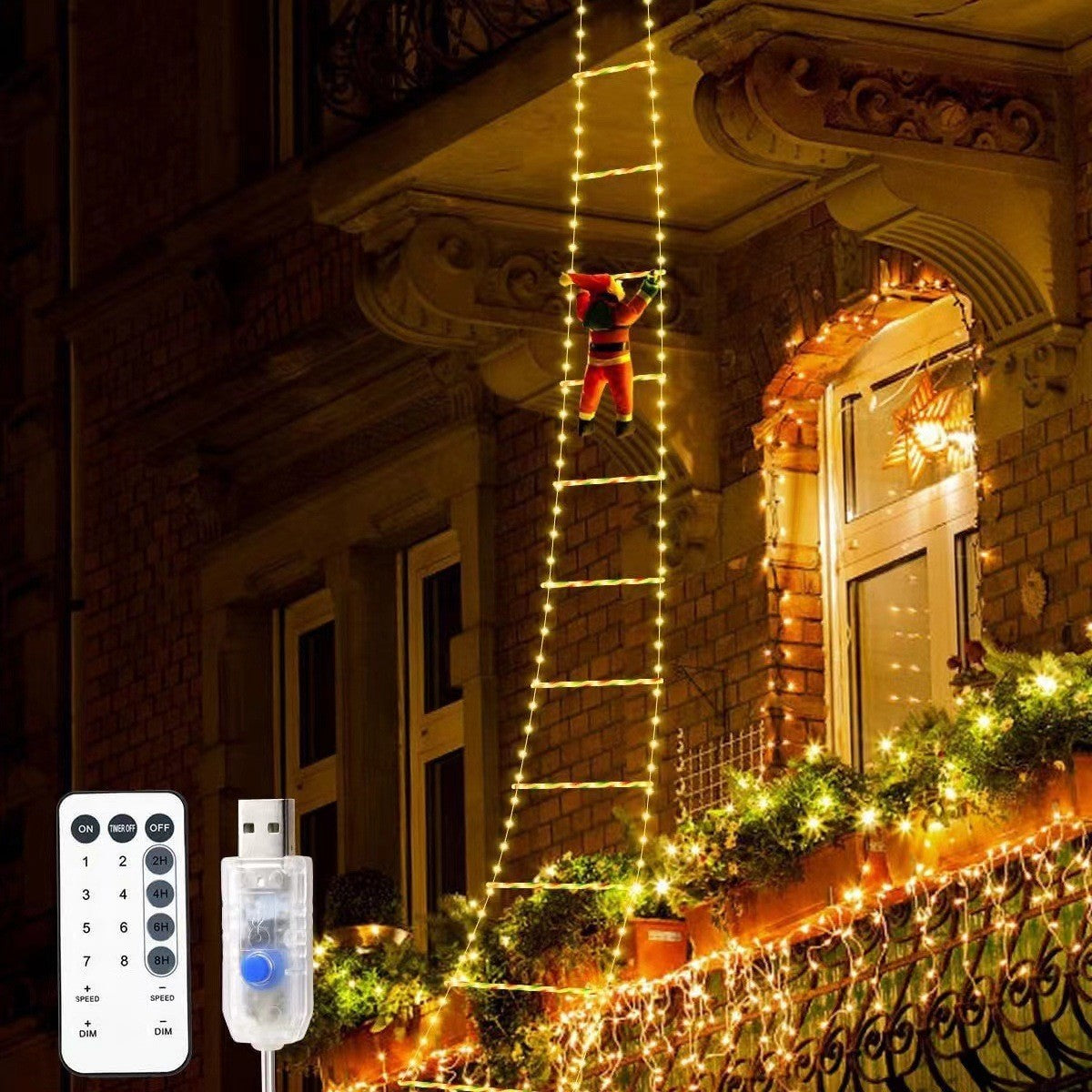 Instalatie LED de Craciun, Flippy, cu Accesorii, Lumina Calda, Lungime 3 m, 16 Trepte, 288 de Luminite, 8 Moduri, Model Mos Craciun pe Scara,  Alb cald