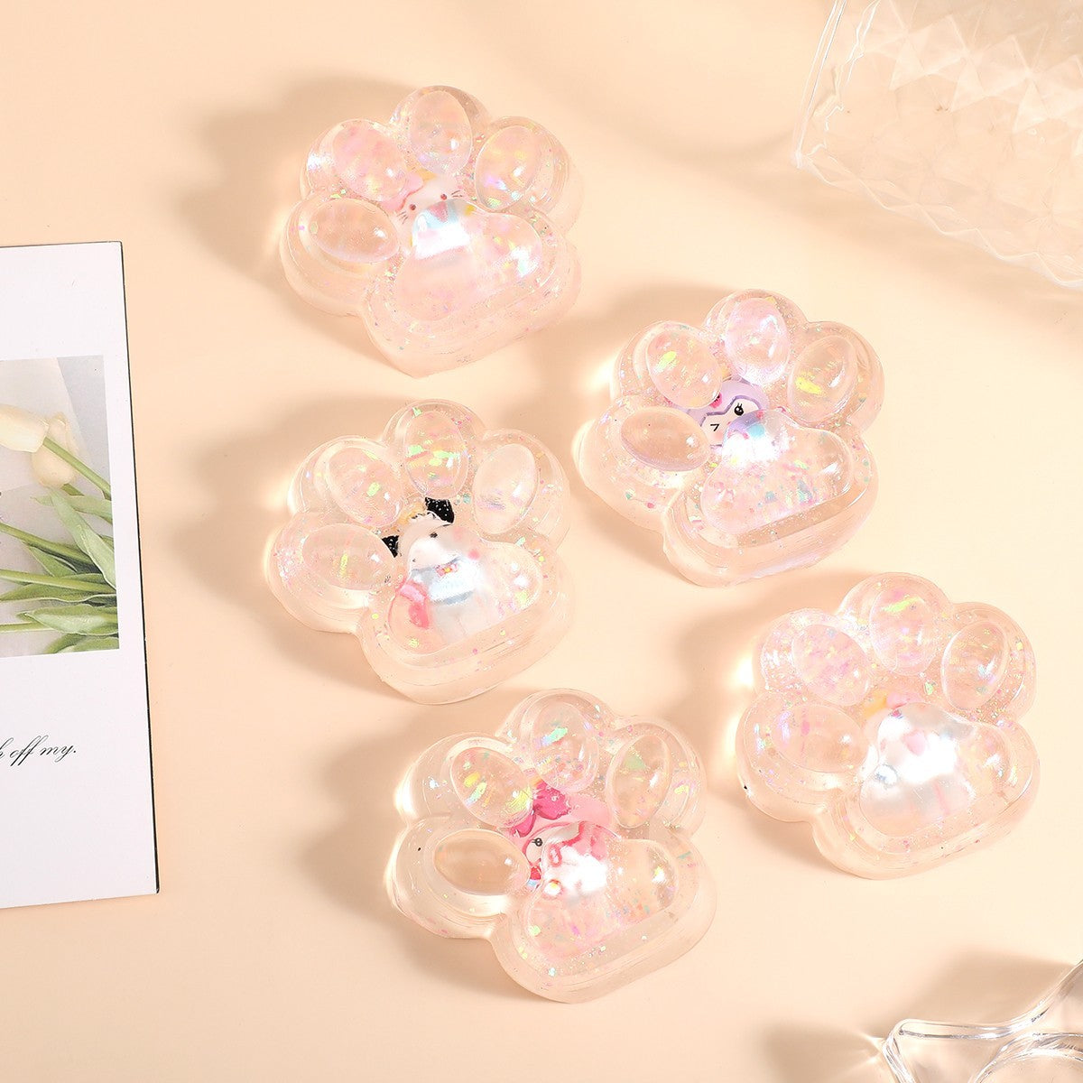 Jucarie Antistres Squishy, Flippy, cu Revenire Lenta, Squeeze Pinch Family, Model Cat Paw, 6.5 x 7 cm, din Tpr, 4-6 Ani, Model 1 Figurina, Transparent