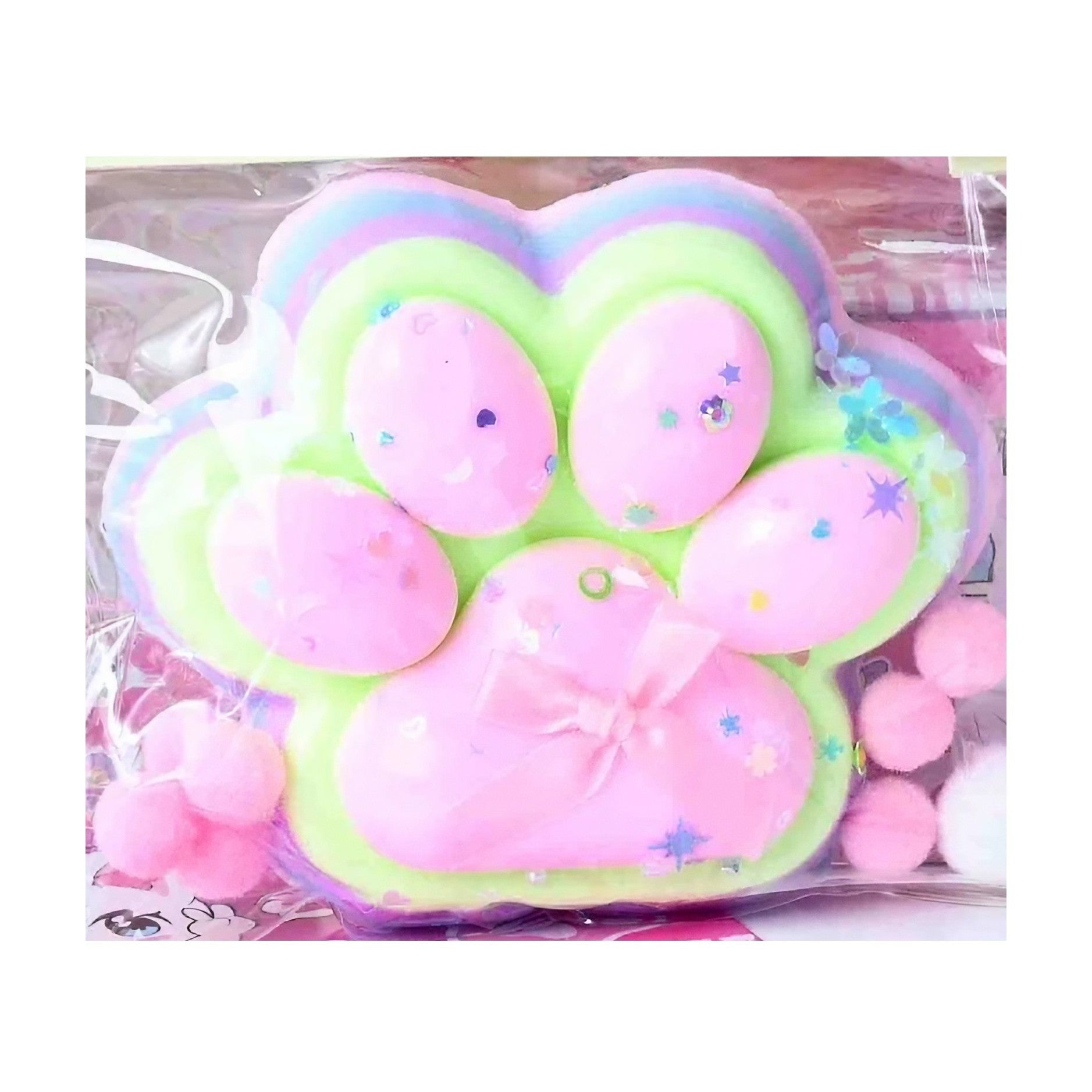 Jucarie Antistres Squishy, Flippy, cu Revenire Lenta, Model Labuta de Pisica YY1005, 220g, 12.5 x 10.5 cm, Squeeze Pinch Family, Ambalaj Transparent, Roz-Curcubeu