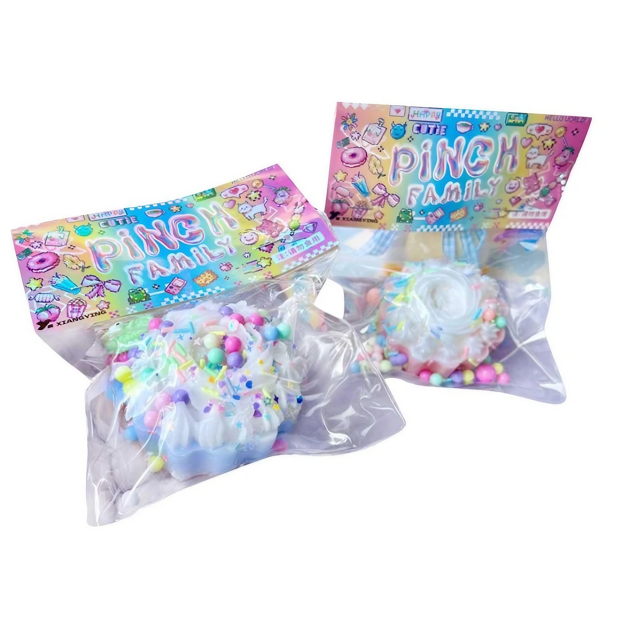 Jucarie Antistres Squishy, Flippy, cu Revenire Lenta, Squeeze Pinch Family, Model Prajitura, 8x8 cm, 90g, Ambalaj Transparent, Multicolor