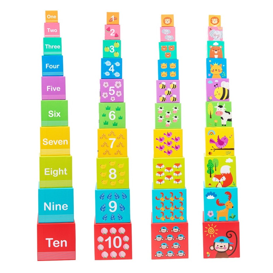 Jucarie de Construit, Flippy, Blocuri Stivuibile, +3 Ani, 10 Cutii, Invatare numere 1-10, 13.4 x 13.4 x 13.4 cm, Multicolor