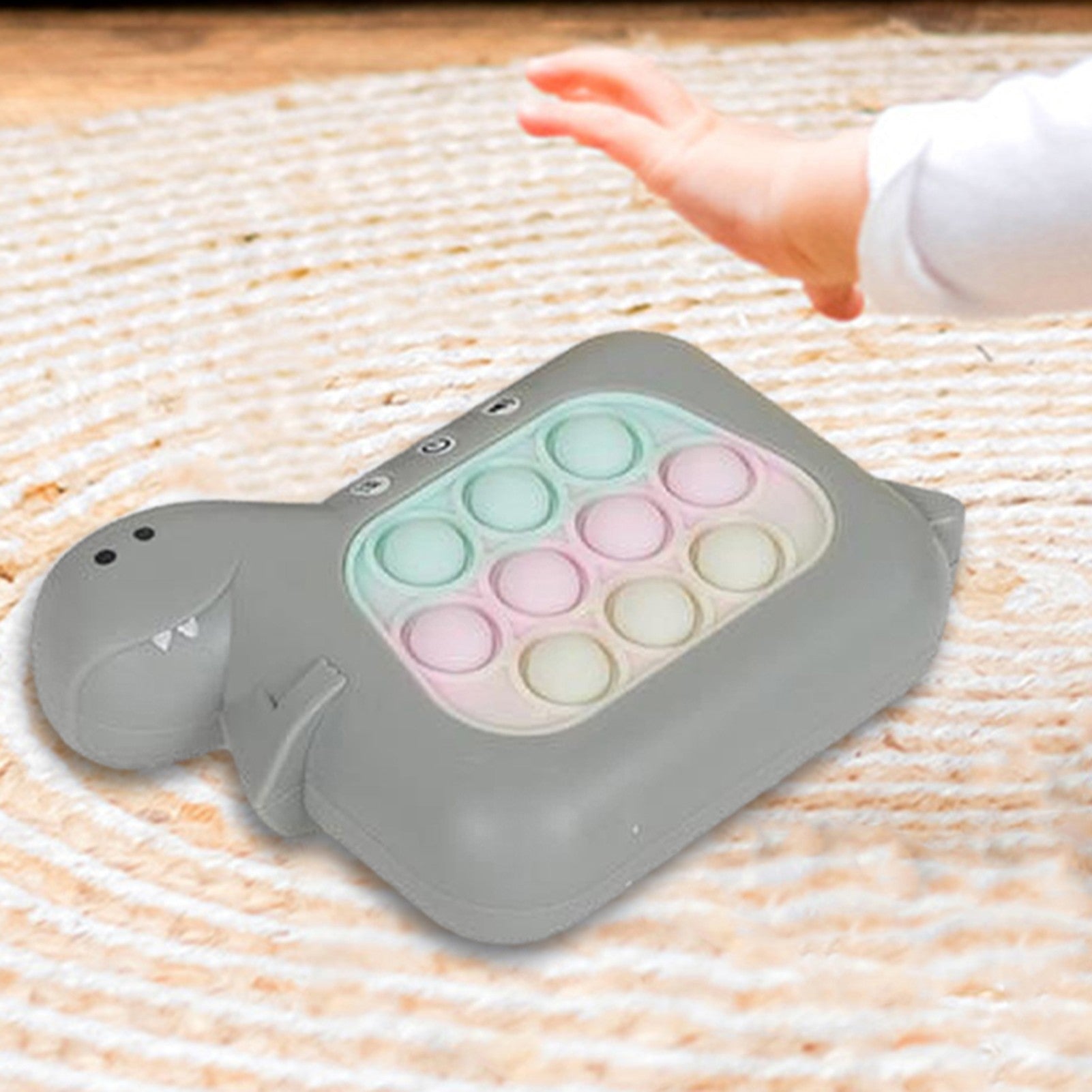 Jucarie Interactiva Pop It Whack A Mole, Flippy, Tip Consola, Anti-Stres, 4 Moduri de Joc, din ABS si Silicon, +3 Ani, Model Dinozaur, Gri