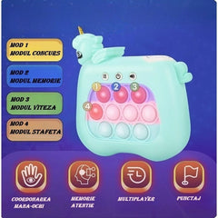 Jucarie Interactiva Tip Consola pentru Copii, Flippy, 12 Nivele, Diferite Moduri de Joc, Material ABS/silicon, cu Nivele, Sunete si Lumini, 13.5 x 5.5 x 12.5 cm, Model Unicorn, Albastru
