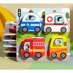 Jucarie Montessori, Flippy, Tip Puzzle 3D, din Lemn, +36 Luni, Model Masini, 18 x 18 x 1.5 cm, Multicolor