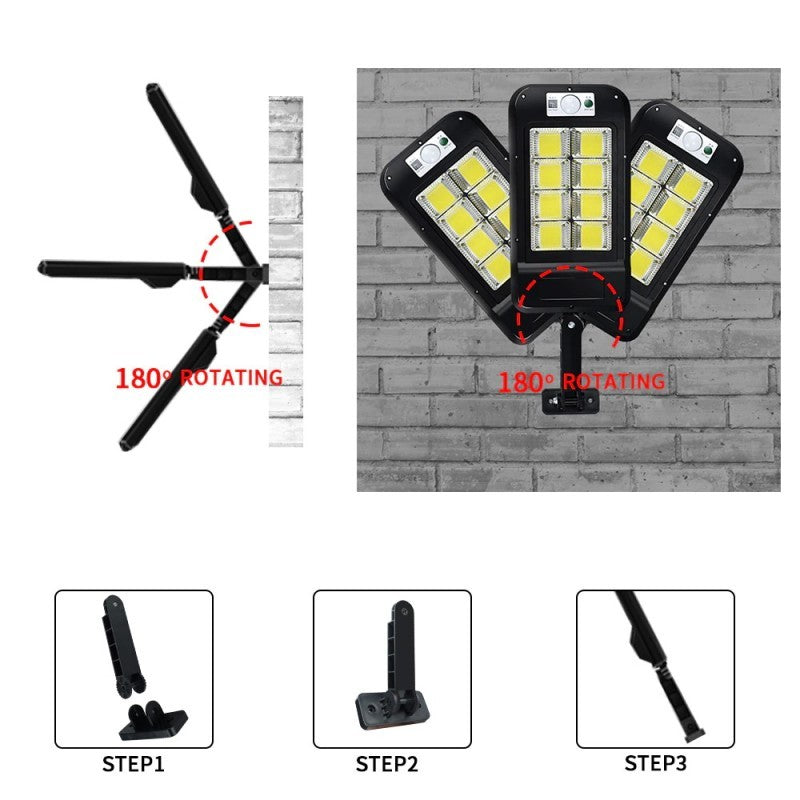 Lampa Solara De Exterior LED Flippy, 23 cm x 11.5 cm, 3072 Lumeni 128 COB LED 25.6 W - echivalent 205 W bec incadescent, IP65, Senzor de Miscare, Senzor de Lumina, 4 Grile, Alb Rece