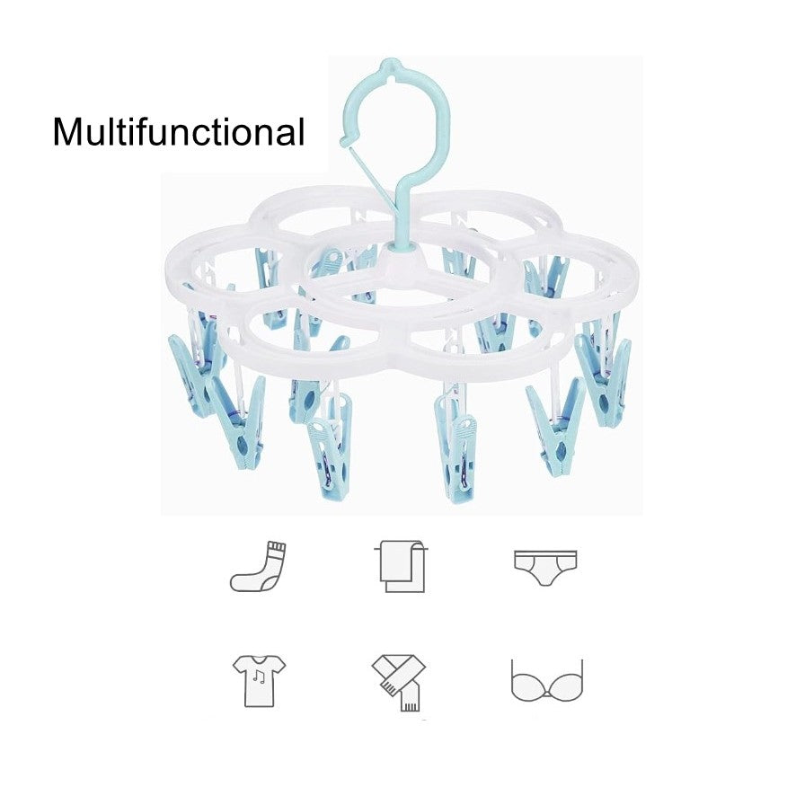 Uscator de Rufe Suspendat Flippy, cu 16 Carlige, Rotire 360 Grade, Mateiral Plastic, Usor de Depozitat, Multifunctional, 26 x 21 cm, Albastru