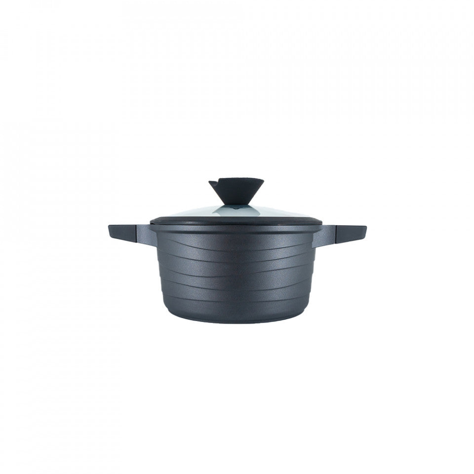 Oala aluminiu, capac din sticla cu maner de silicon diametru 20 cm, 2.7l, culoare black pro, cod 55872-20