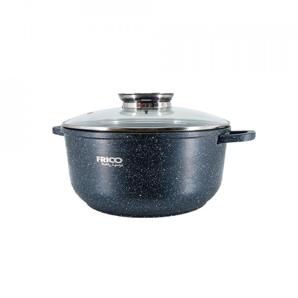 Oala aluminiu marmurat, diametru 24cm, capacitate 4.5L, culoare negru, capac de sticla, cod 4406