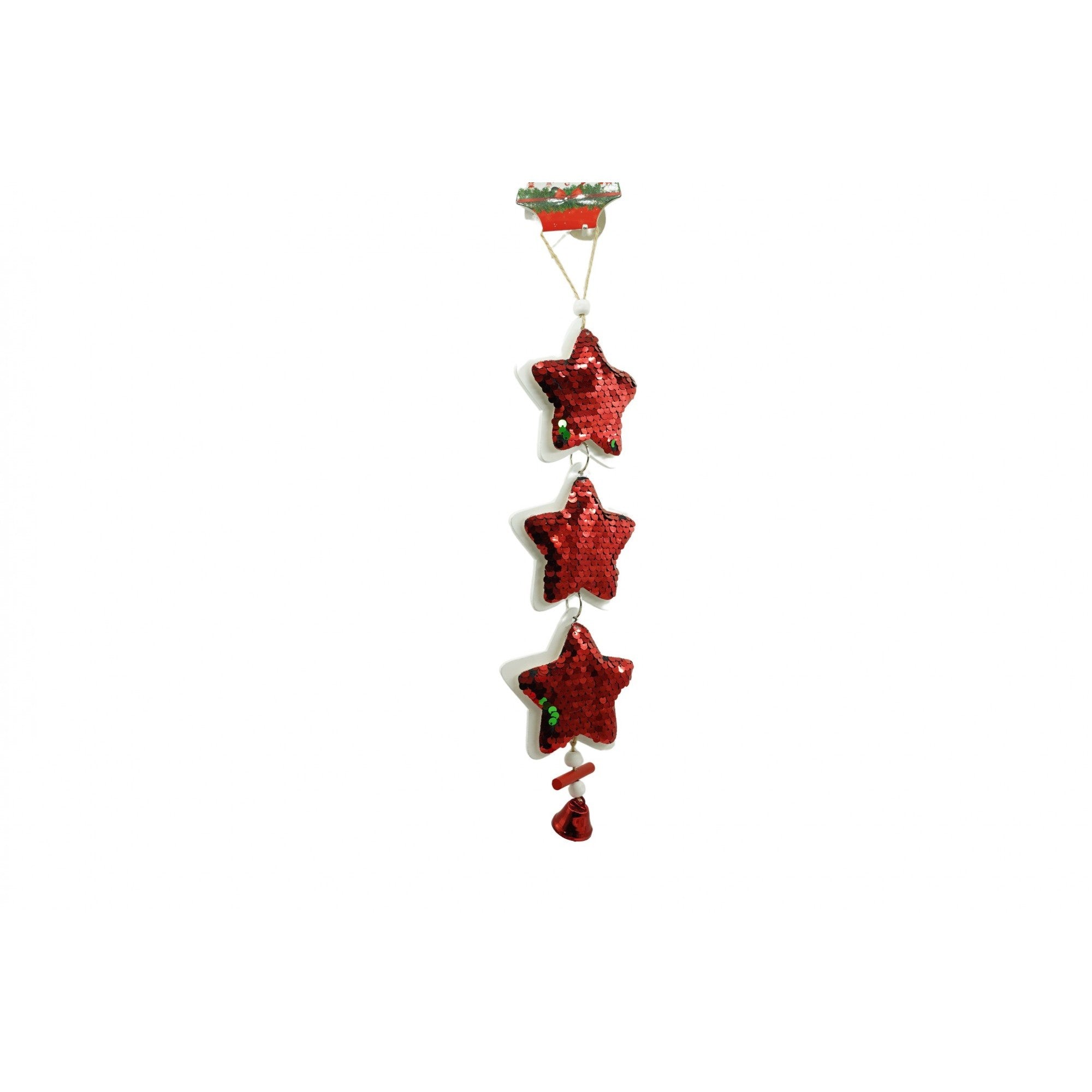 Ornament de brad trei stele cu paiete, Flippy, rosu, lemn, 36 cm