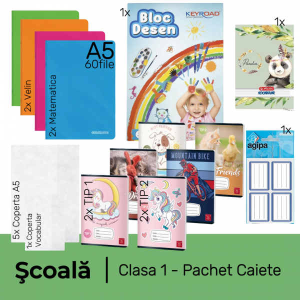 Pachet rechizite scoala clasa 1, PACHET CAIETE, universal, 17 piese