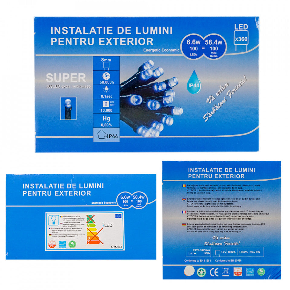 Perdea franjuri de exterior, Led-uri, Lumina rece si Albastra, 5m L, Interconectabila cu joc de lumini, fir alb, BL-360W-WB