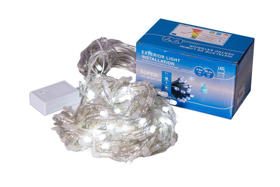 Perdea Lumini de exterior, 216 Led- Lumina Rece 2.5m x 1.5m, caseta joc de lumini, interconectabila