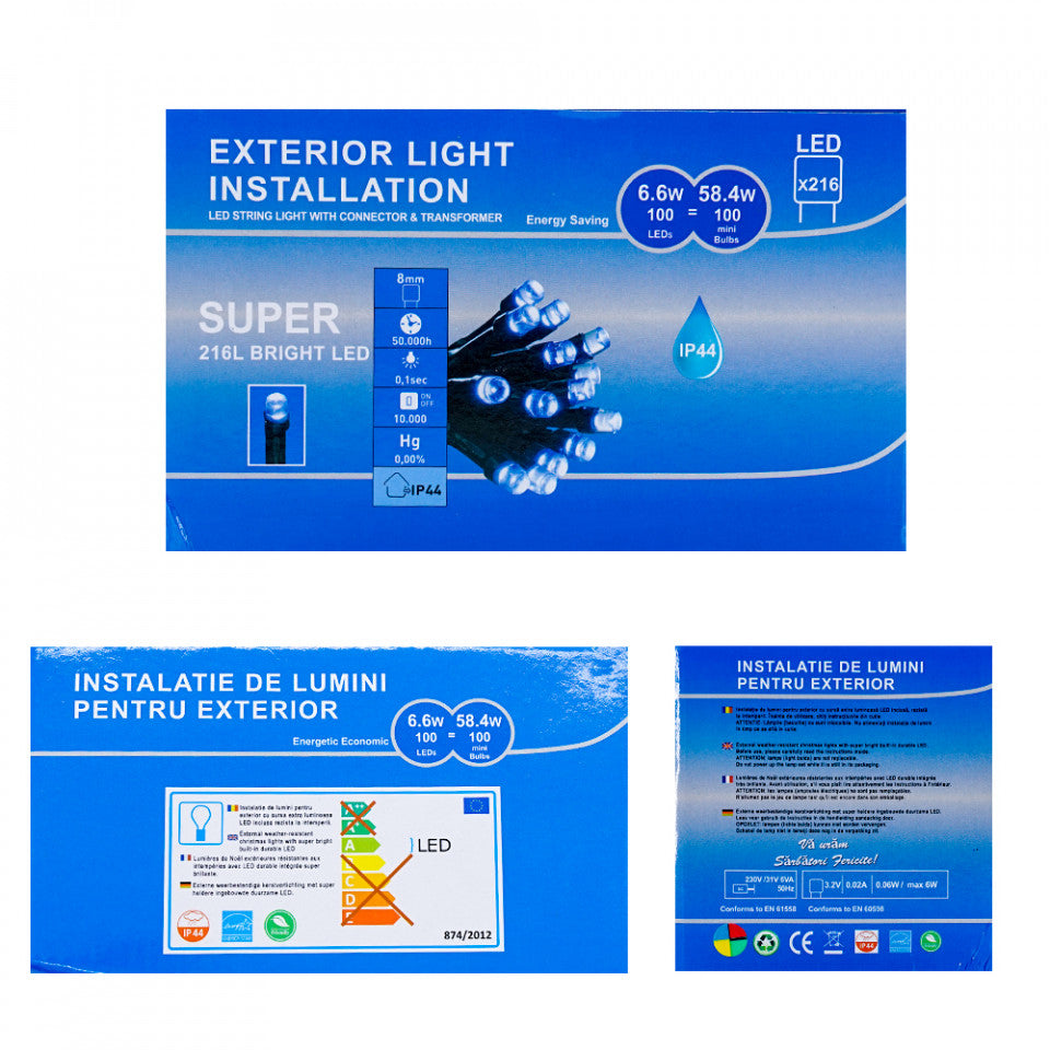 Perdea Lumini de exterior, 216 Led- Lumina Rece - Albastru 2.5m x 1.5m, caseta joc de lumini, interconectabila