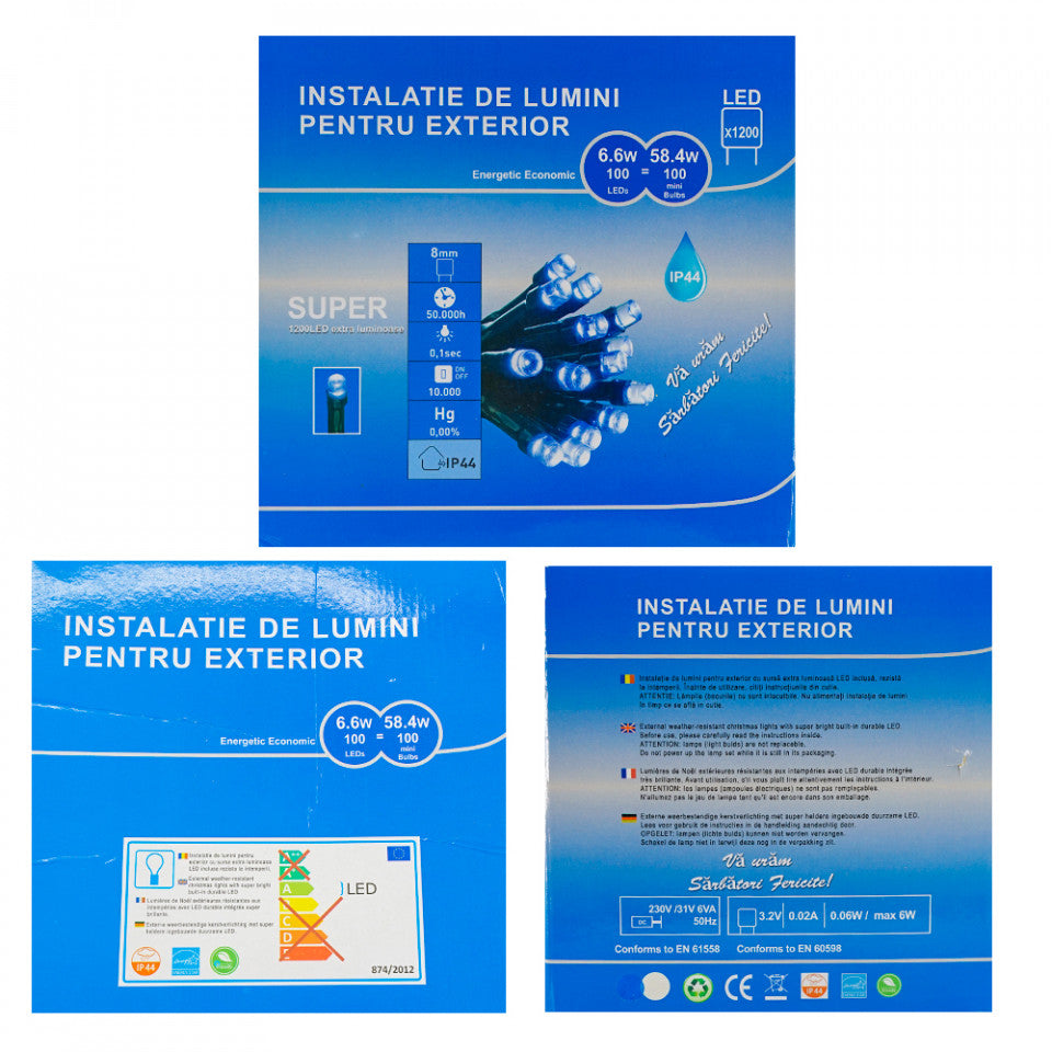 Perdea Lumini de exterior, 4m x 5m, 1200 Led Lumina Rece si Albastru, interconectabila, fir alb, SW-1200W-WB