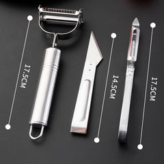 Accesorii de Curatat Decojit Fructe Legume, Flippy, Set 3 Piese, Feliator Cutit Decojitor, Legume si Fructe, din Otel Inoxidabil, cu Maner, Argintiu