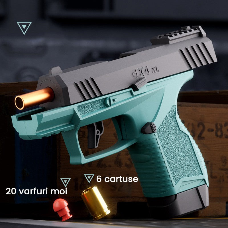 Pistol de jucarie GX4 cu Ejectie, Flippy, de Explozie de buzunar, Makara BLOWBACK, Gloante Moi pentru Copii, 15 x 13 x 3.5 cm, Negru Verde