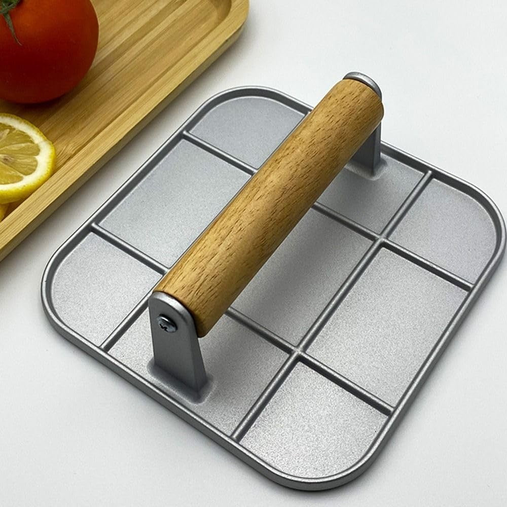 Presa Manuala pentru Carne, Flippy, din Aliaj de Aluminiu, Maner din Lemn, Presa pentru Burgeri, Usor de Curatat si Folosit, Patrata, 16x16x6 cm, Gri