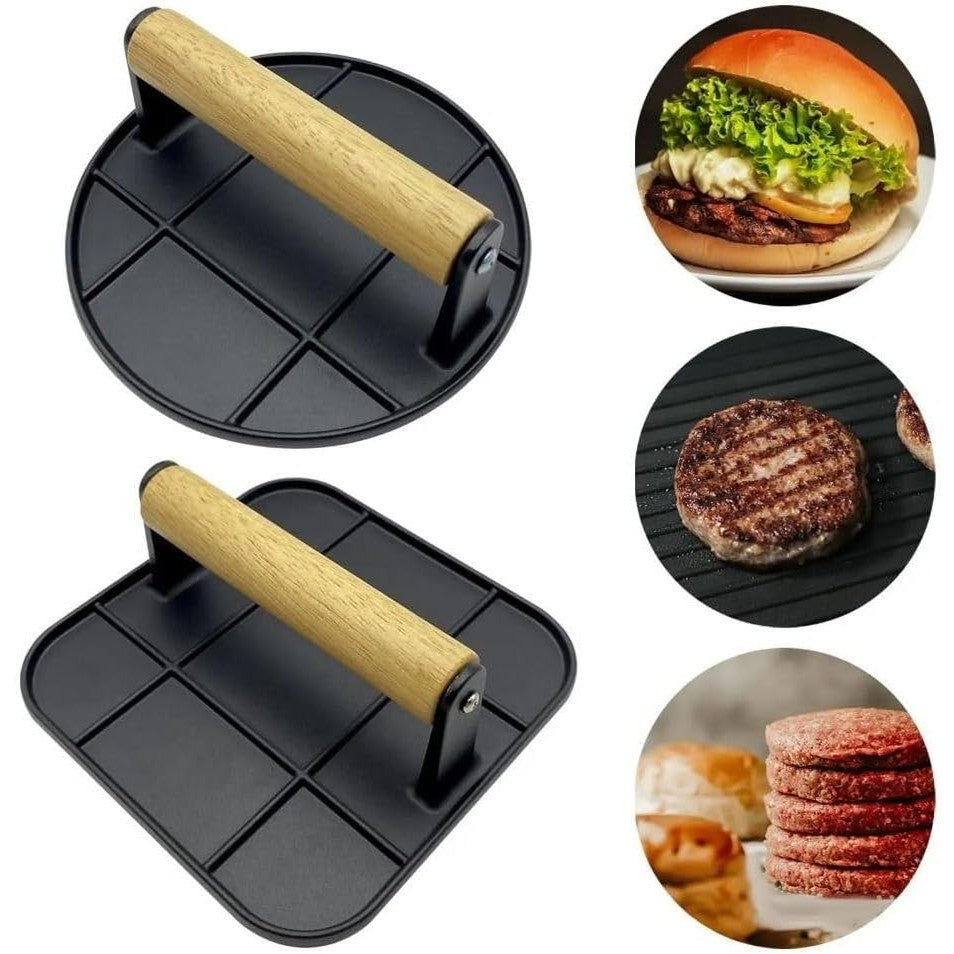 Presa Manuala pentru Carne, Flippy, din Aliaj de Aluminiu, Maner din Lemn, Presa pentru Burgeri, Usor de Curatat si Folosit, Patrata, 16x16x6 cm, Neagra