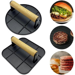 Presa Manuala pentru Carne, Flippy, din Aliaj de Aluminiu, Maner din Lemn, Presa pentru Burgeri, Usor de Curatat si Folosit, Patrata, 16x16x6 cm, Neagra