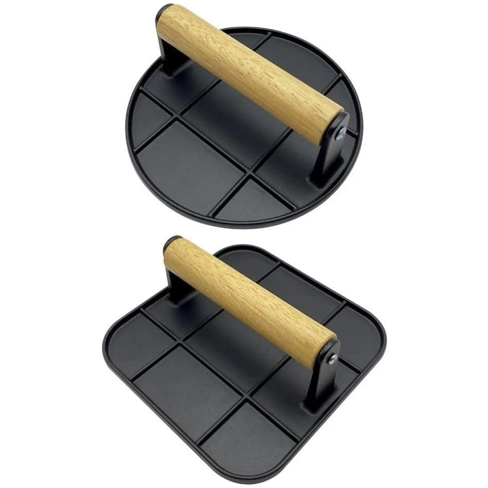 Presa Manuala pentru Carne, Flippy, din Aliaj de Aluminiu, Maner din Lemn, Presa pentru Burgeri, Usor de Curatat si Folosit, Patrata, 16x16x6 cm, Neagra