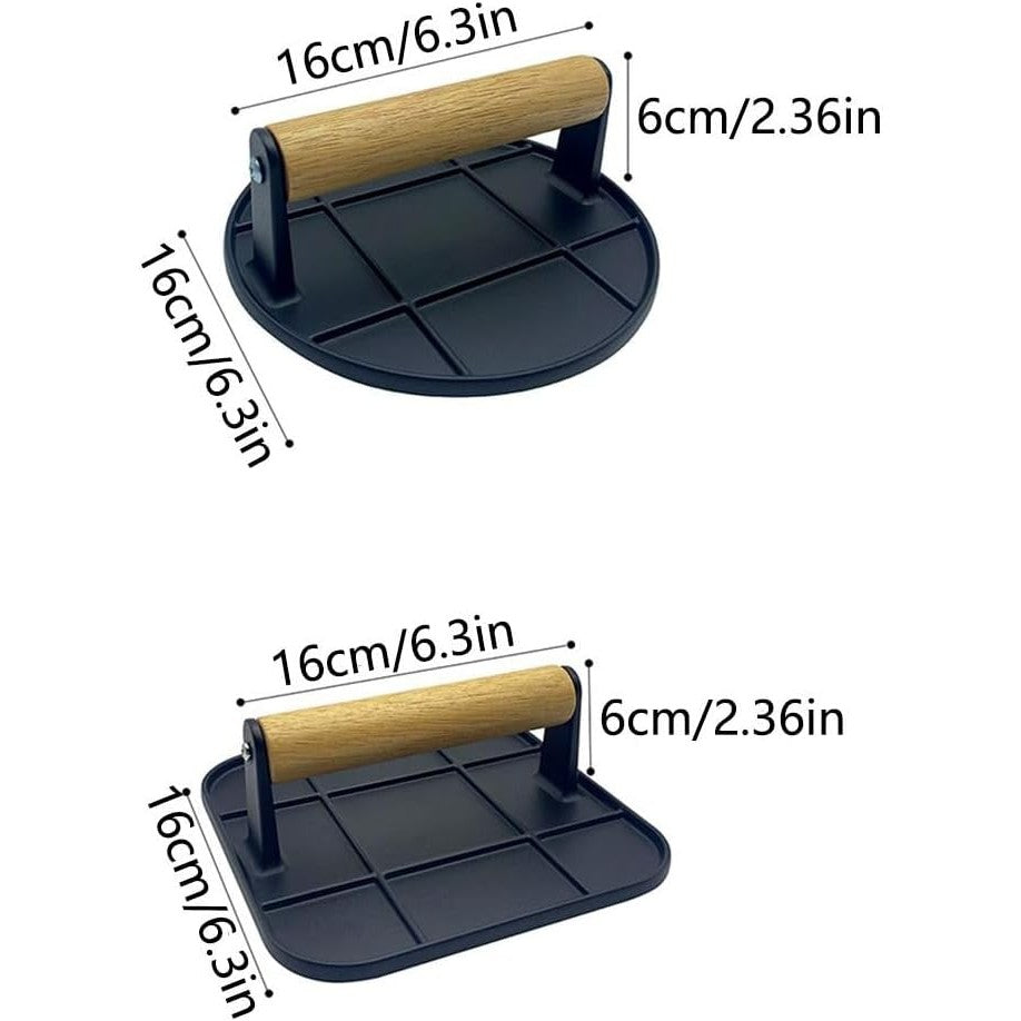 Presa Manuala pentru Carne, Flippy, din Aliaj de Aluminiu, Maner din Lemn, Presa pentru Burgeri, Usor de Curatat si Folosit, Patrata, 16x16x6 cm, Neagra