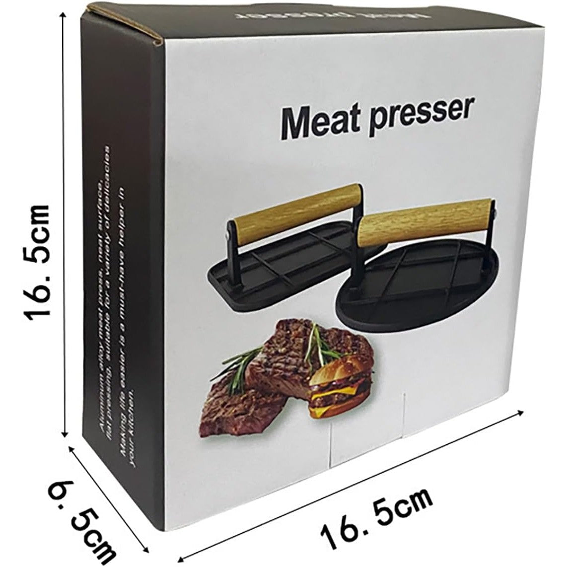 Presa Manuala pentru Carne, Flippy, din Aliaj de Aluminiu, Maner din Lemn, Presa pentru Burgeri, Usor de Curatat si Folosit, Patrata, 16x16x6 cm, Neagra