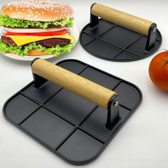 Presa Manuala pentru Carne, Flippy, din Aliaj de Aluminiu, Maner din Lemn, Presa pentru Burgeri, Usor de Curatat si Folosit, Patrata, 16x16x6 cm, Neagra