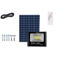 Proiector LED/Lampa solara de exterior Flippy, 20 cm x 25cm, Rezistent la Apa IP67, cu Panou Solar, 220 LED SMD, 65W, Senzor de lumina, Timer, cu Telecomanda, 2 moduri de iluminat, kit montaj inclus, Lumina Rece
