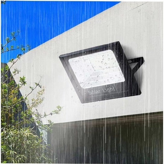 Proiector LED/Lampa solara de exterior Flippy, 20 cm x 25cm, Rezistent la Apa IP67, cu Panou Solar, 220 LED SMD, 65W, Senzor de lumina, Timer, cu Telecomanda, 2 moduri de iluminat, kit montaj inclus, Lumina Rece