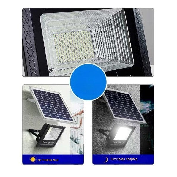 Proiector LED/Lampa solara de exterior Flippy, 22 cm x 27 cm, Rezistent la Apa IP67, cu Panou Solar, 281 LED SMD, 100W, Senzor de lumina, Timer, cu Telecomanda, 2 moduri de iluminat, kit montaj inclus, Lumina Rece