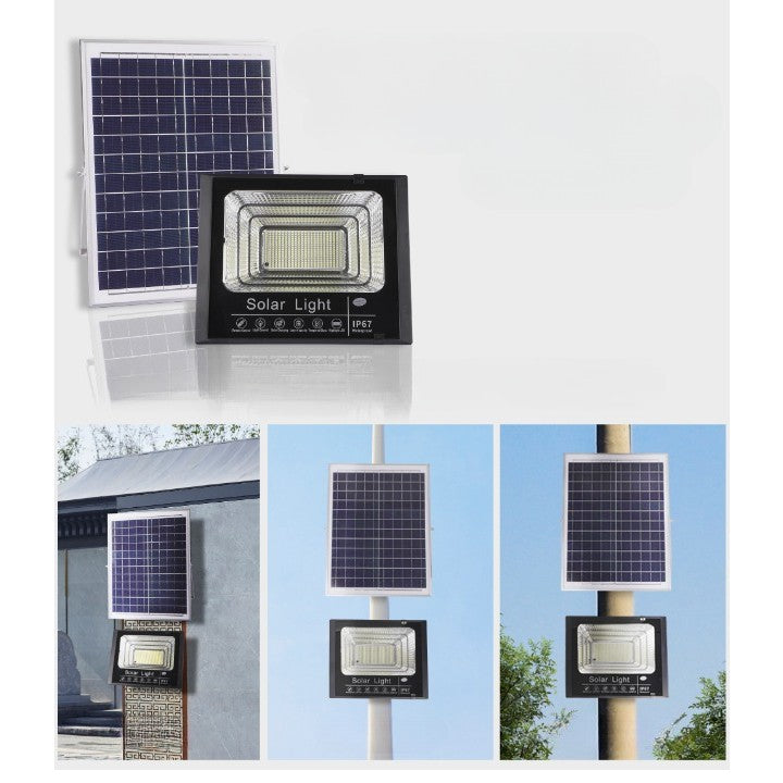 Proiector LED/Lampa solara de exterior Flippy, 22 cm x 27 cm, Rezistent la Apa IP67, cu Panou Solar, 281 LED SMD, 100W, Senzor de lumina, Timer, cu Telecomanda, 2 moduri de iluminat, kit montaj inclus, Lumina Rece